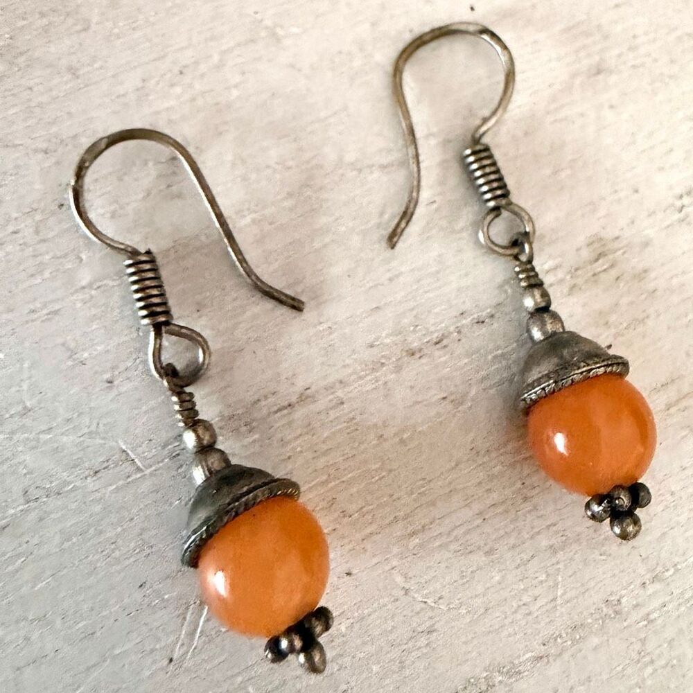 Orange Gemstone Bead Silver-Tone Dangle Earrings